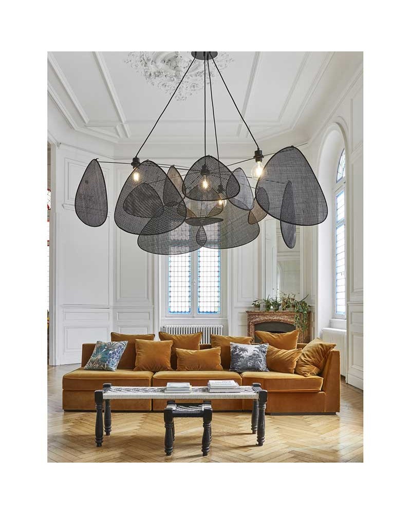 Ceiling lamp with 13 cane shades in black finish 4xE27