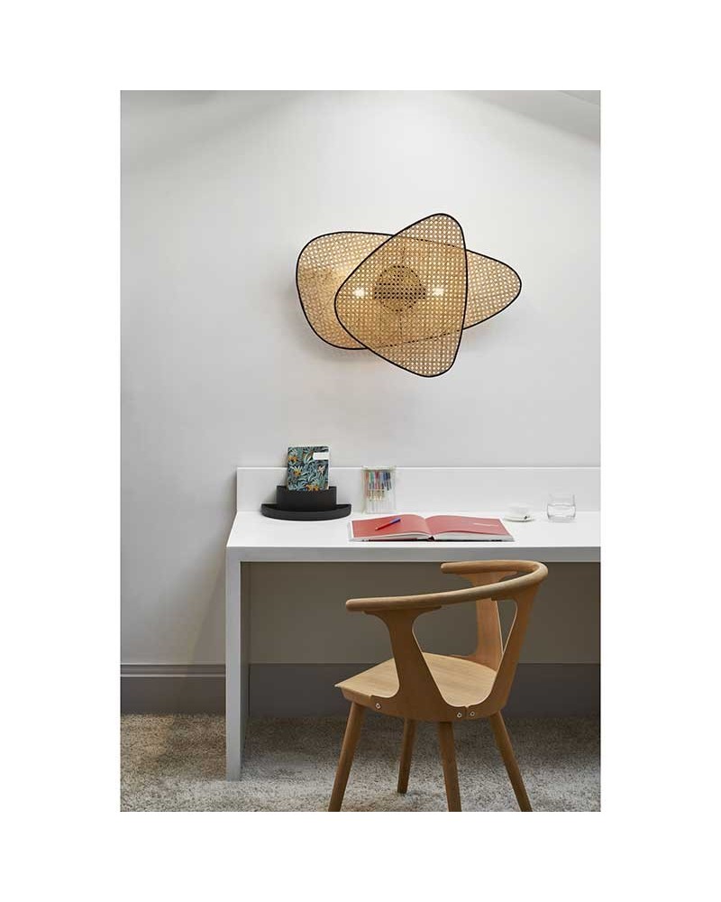 Aplique para pared 59cm doble pantalla plana de caña acabado natural 2xE27