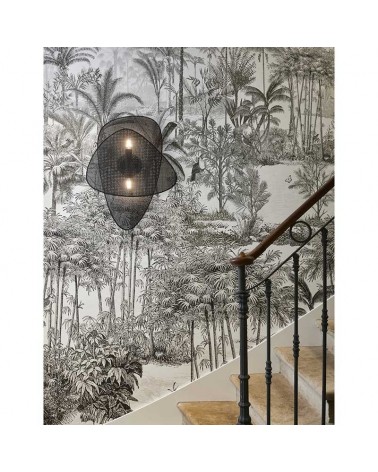 Wall light 59cm double flat cane lampshade black finish 2xE27