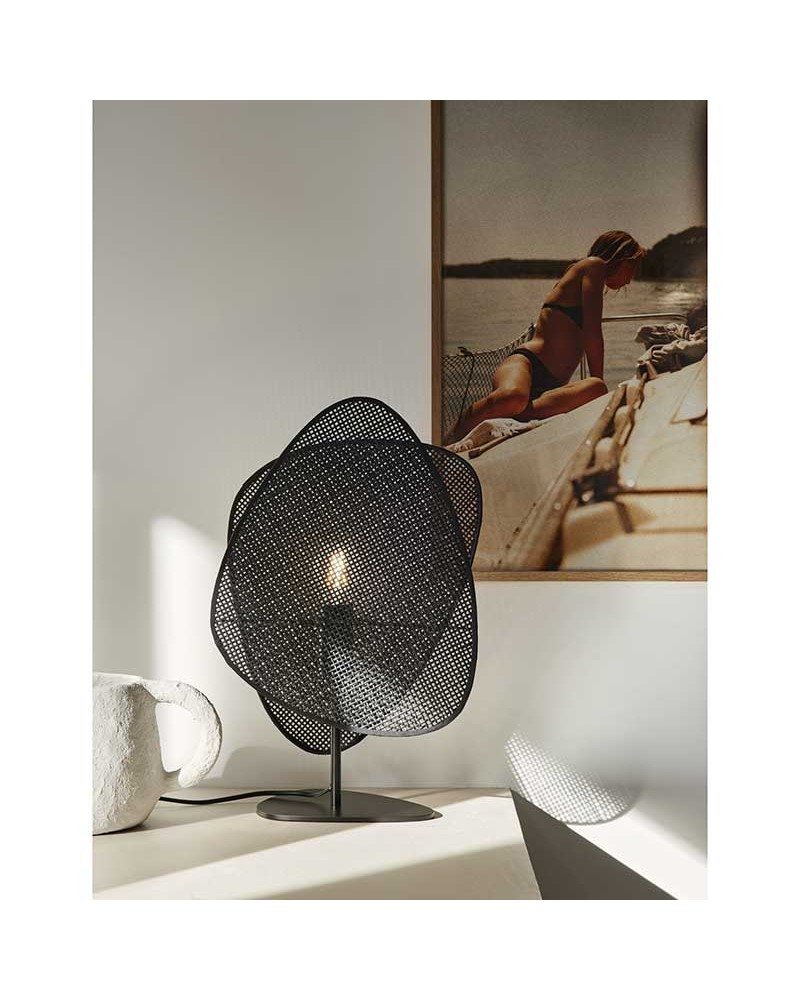 Table lamp 51cm double flat cane lampshade black finish E27