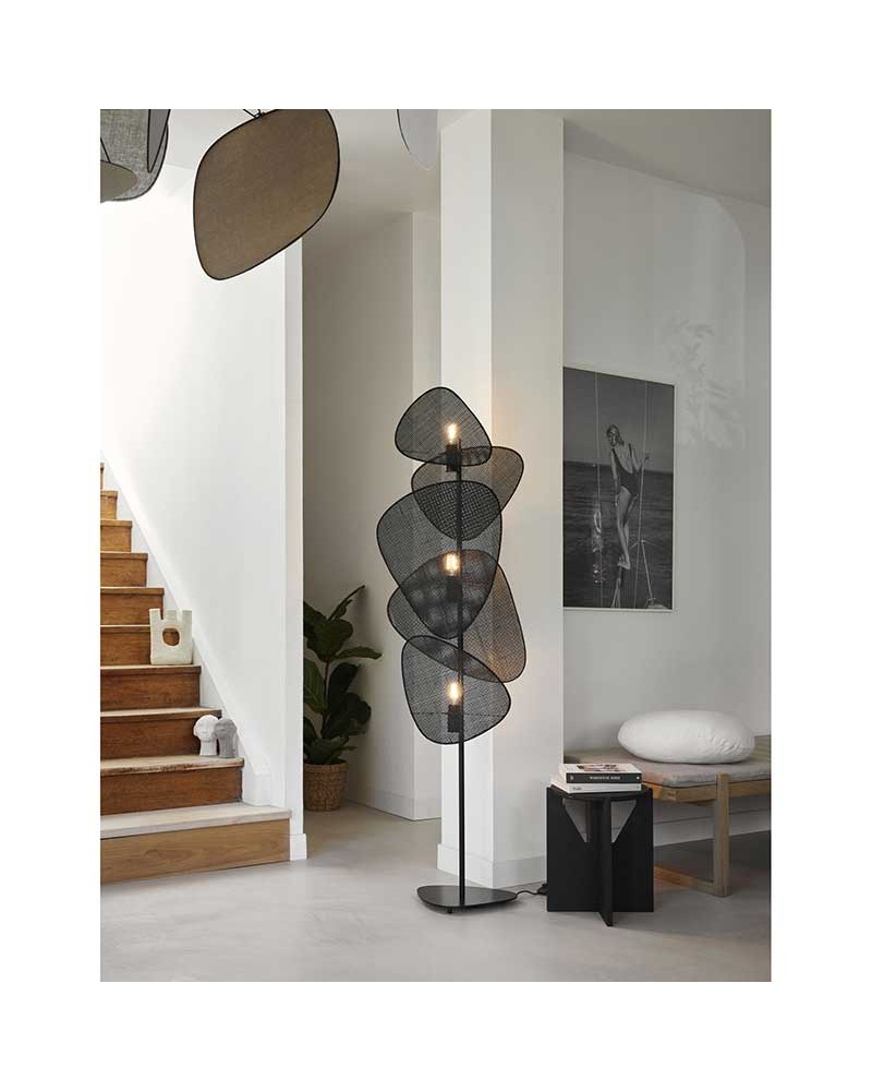 Floor lamp 179cm with five flat cane lampshades in black finish 3xE27