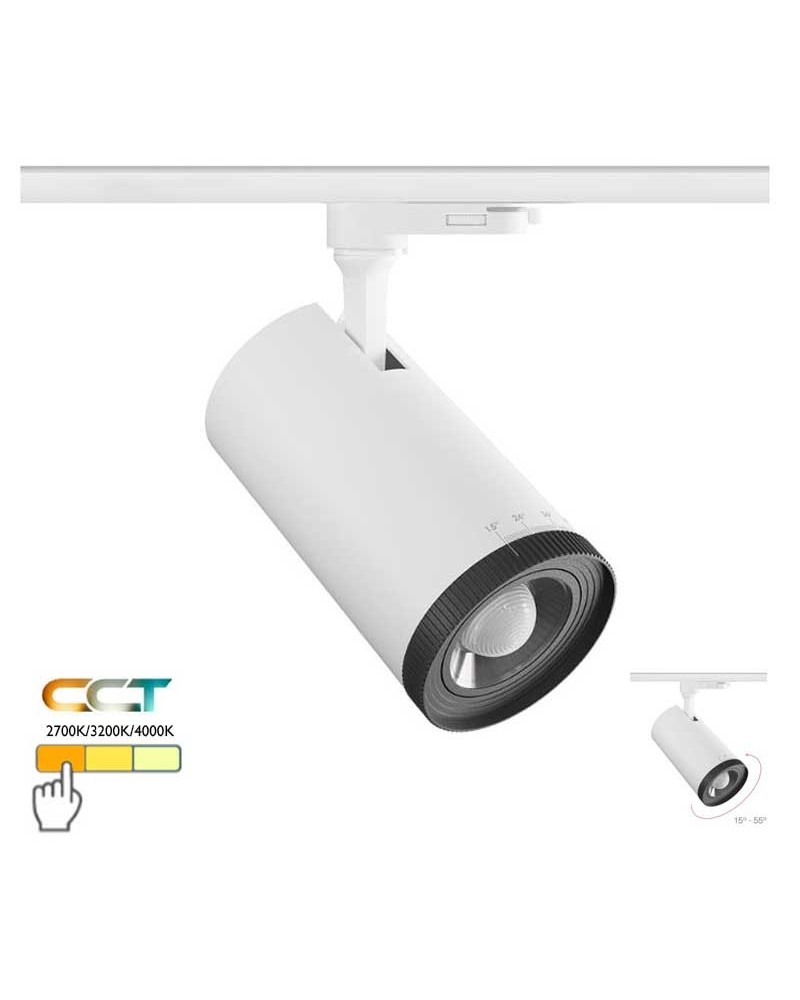 Foco de carril trifásico LED 15W-20W-25W 15º-55º CCT Switch 2700K/3200K/4000K