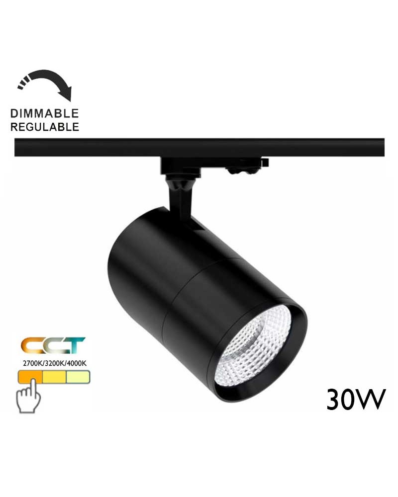 Foco de carril trifásico LED 30W 15º-38º-60º Regulable CCT Switch 2700K/3200K/4000K