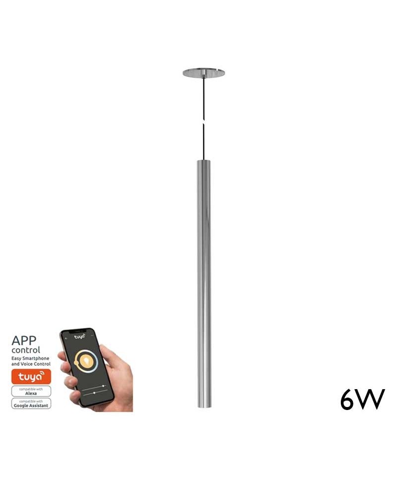 Lámpara de techo acabado cromo cilindro LED 6W de 45cm altura Graduable TUYA 2700K-4000K