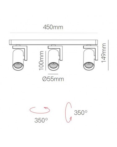 Strip with 3 adjustable cylindrical spotlights 45cm aluminum LED 24W CCT Switch 2700K/3200K/4000K