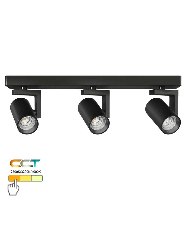 Regleta 3 focos cilíndricos orientables 45cm aluminio LED 24W CCT Switch 2700K/3200K/4000K