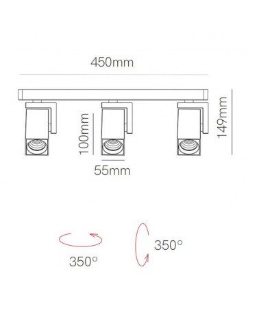 Regleta 3 focos orientables forma cuadrada 45cm aluminio LED 24W CCT Switch 2700K/3200K/4000K