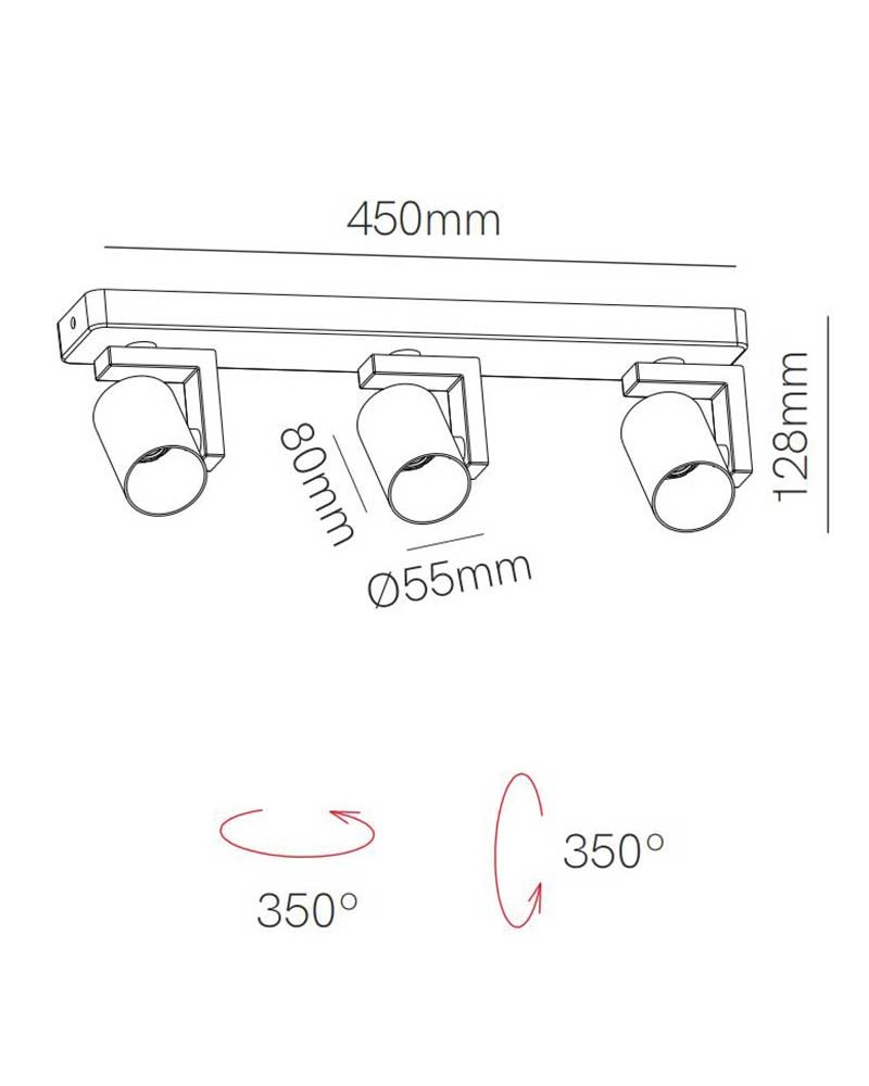 Strip with 3 adjustable cylinder spotlights 45cm aluminum GU10