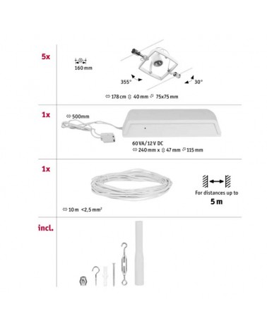 Matte white square frame cable system 5 spots max. 10W GU5.3 DC
