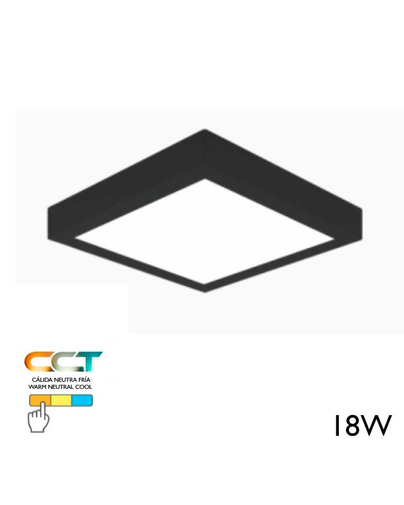 Square ceiling surface downlight LED 18W CCT 22x22cm black 3000ºK 4000ºK 6000ºK
