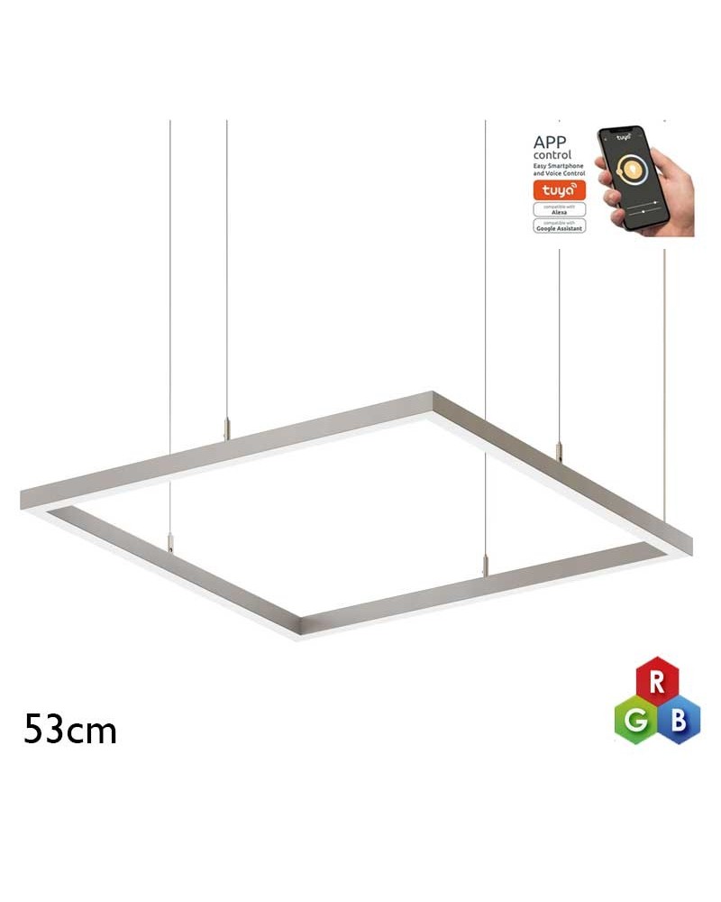 Lámpara de techo cuadrada de 53cm LED 43W de aluminio acabado plateado RGB-W driver Tuya