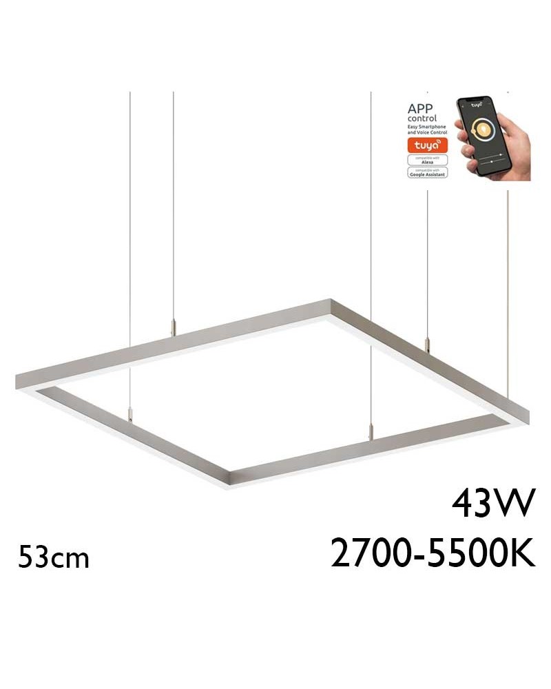 Lámpara de techo cuadrada de 53cm LED 43W de aluminio acabado plateado Graduable 2700K-5500K driver Tuya