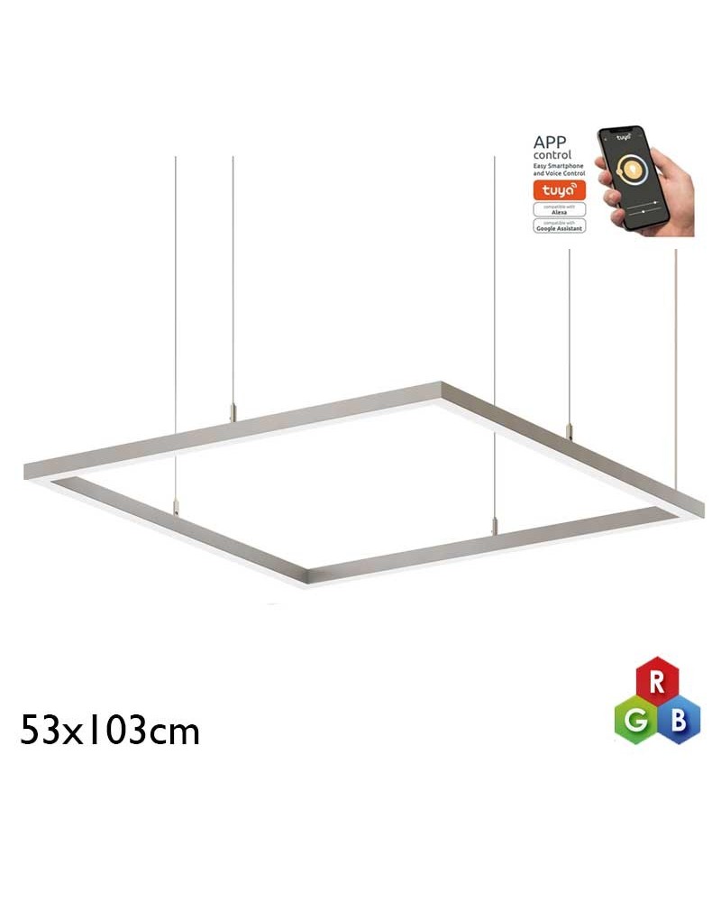 Lámpara de techo rectangular de 53x103cm LED 62W de aluminio acabado plateado RGB-W driver Tuya