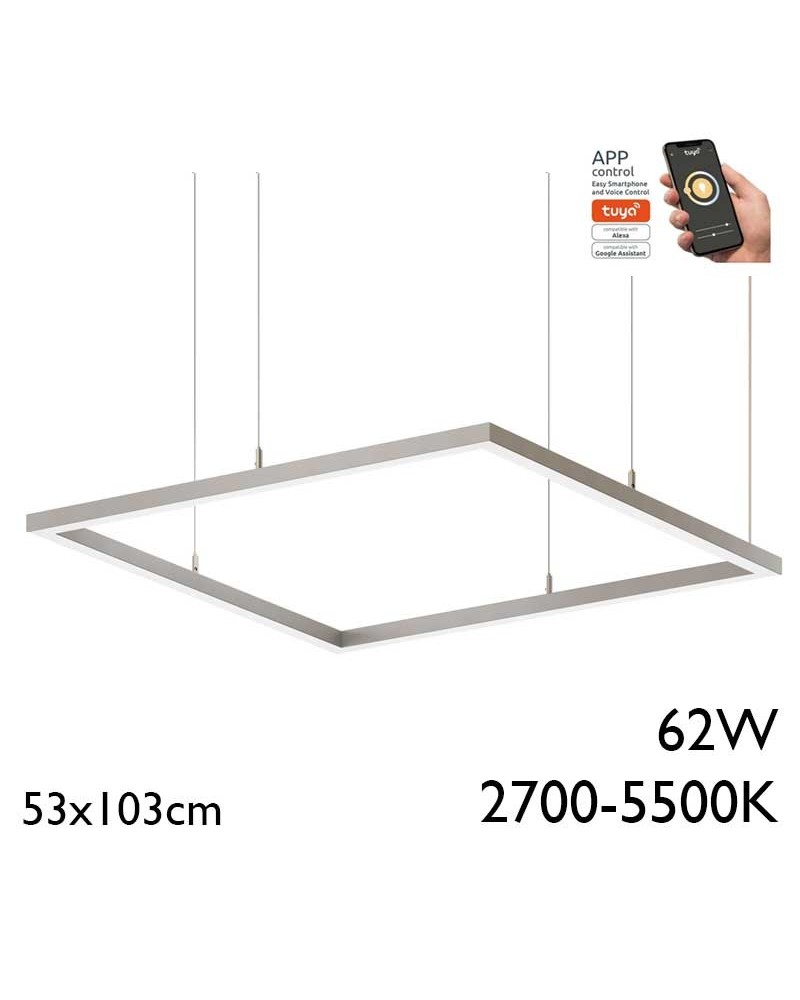 Lámpara de techo rectangular de 53x103cm LED 62W de aluminio acabado plateado Graduable 2700K-5500K driver Tuya