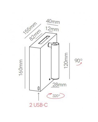 Aplique de pared LED 4W Aluminio cargador movil USB-C e inducción 15,5cm 2700K Regulable