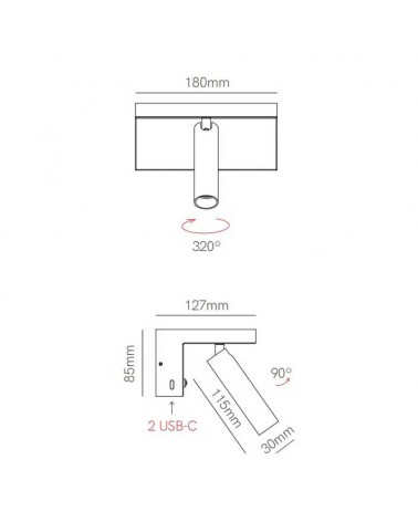 Aplique de pared LED 5W Aluminio cargador movil USB-C 18cm 2700K Regulable