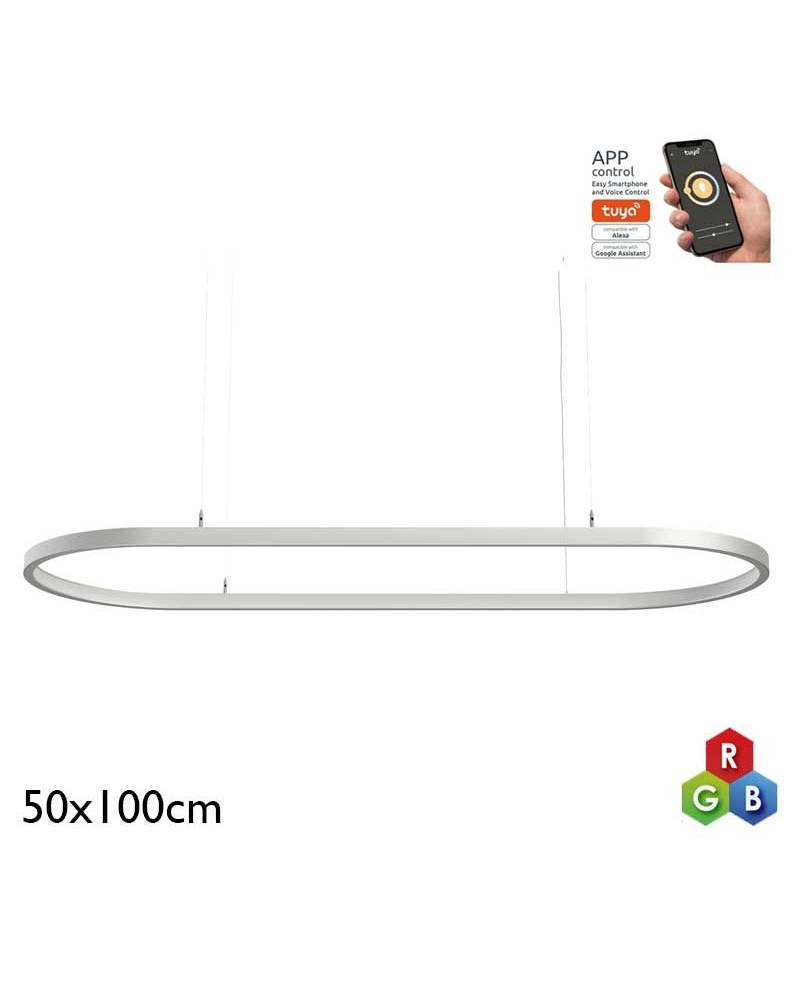 Ceiling lamp LED 56W aluminum 50x100cm silver finish RGB-W Tuya driver