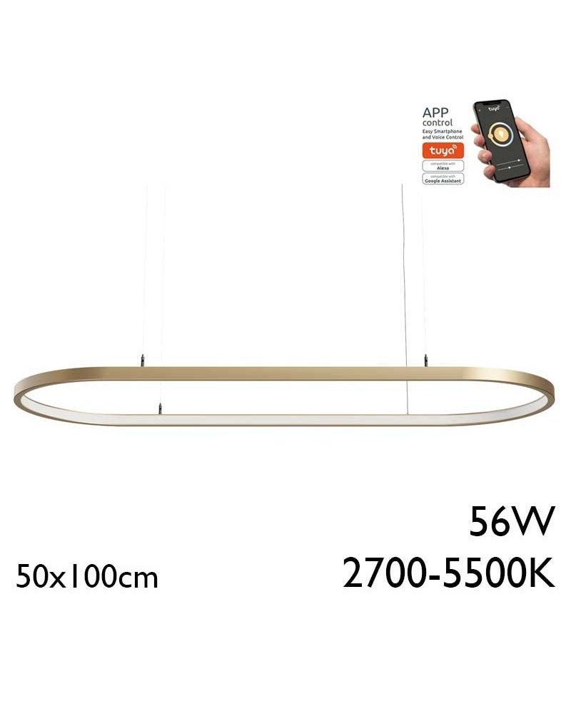 Ceiling lamp LED 56W aluminum 50x100cm with matt gold finish Adjustable 2700K-5500K Tuya driver