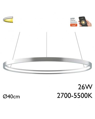 Ceiling lamp LED 26W 40cm aluminum silver finish Adjustable 2700K-5500K Tuya driver
