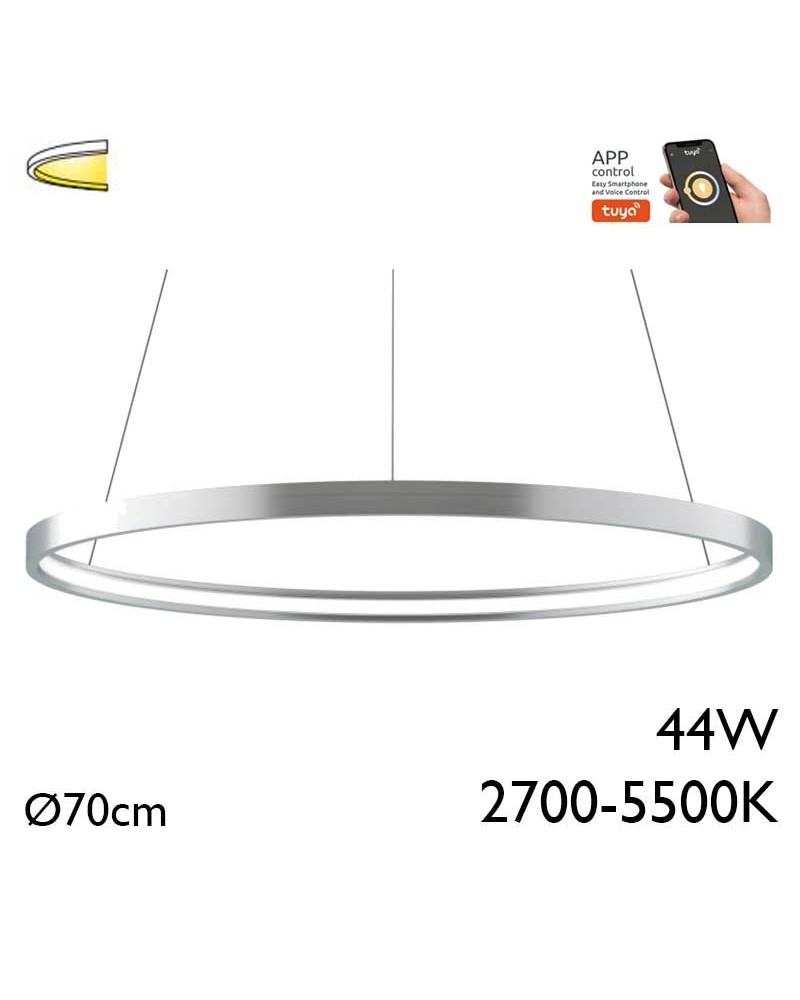 Lámpara de techo de 70cm LED 44W de aluminio acabado plateado Graduable 2700K-5500K driver Tuya