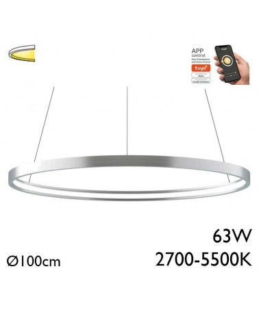 Ceiling lamp LED 63W 100cm aluminum silver finish Adjustable 2700K-5500K Tuya driver