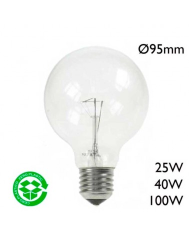Incandescent globe light bulb 95mm clear E27 230V