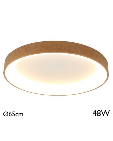 LED ceiling light with 65cm diameter, wood finish, 48W warm light, 3000K