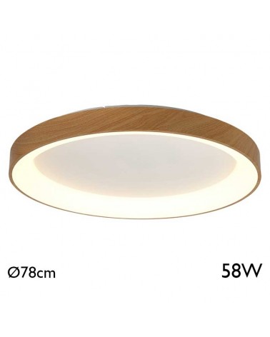 LED ceiling light with 78cm diameter, wood finish, 58W warm light, 3000K