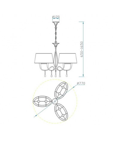 Ceiling lamp 77cm with 3 lampshades black and silver finish 6xE14