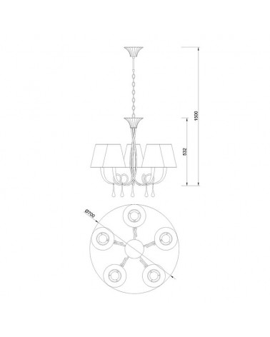 Lámpara de techo 70cm con 5 pantallas acabado negro y plata 5xE14