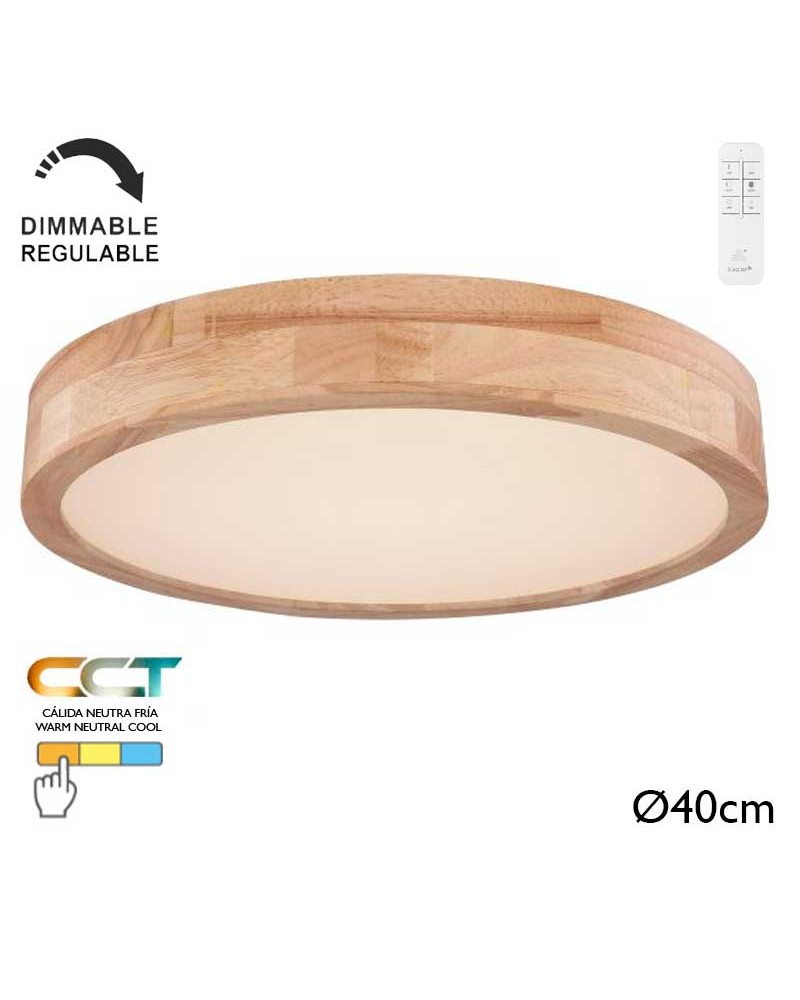 LED ceiling lamp 40cm in metal, white and wood finish, 24W CCT Switch 3000K-6000K