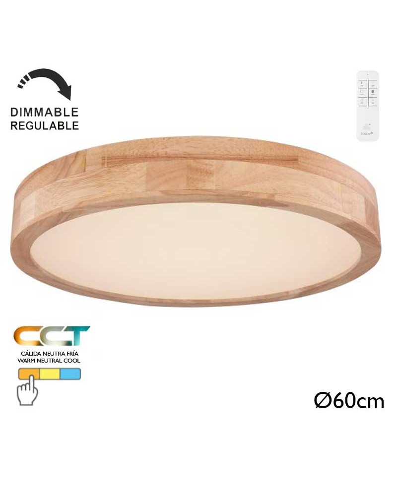 Plafón LED techo 60cm de metal acabado blanco y madera 48W CCT Switch 3000K-6000K