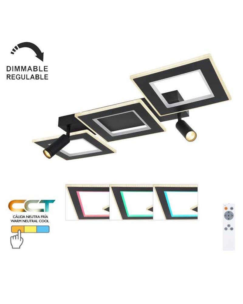 Plafón techo 82cm LED 60W REGULABLE CCT y RGB 13W con dos focos GU10 de metal y acrílico