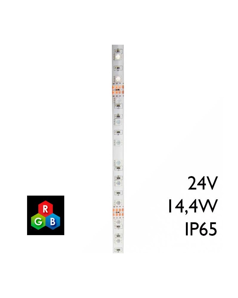 RGB LED strip IP65 14.4W 24V 5 meters for remote control
