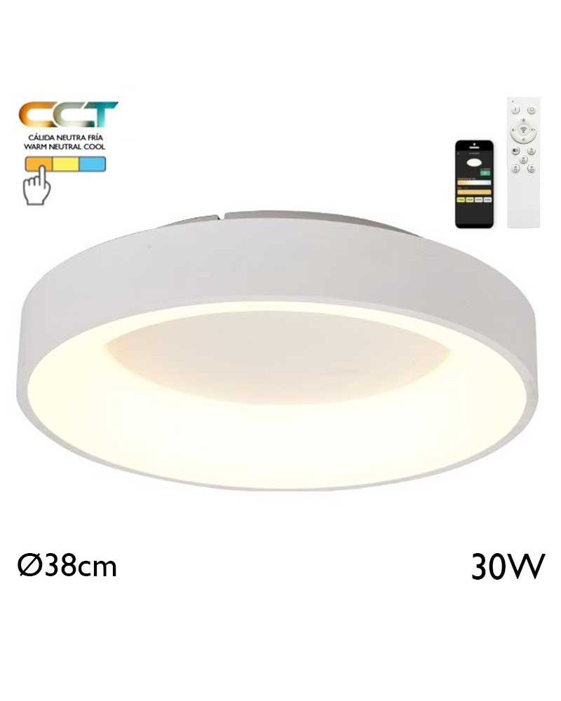 Plafón LED de 38cm de diámetro 30W de metal y acrílico CCT 2700K/4000K/5000K REGULABLE con mando y app