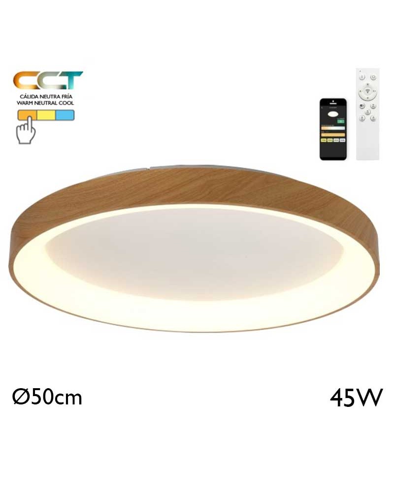 Plafón LED de 50cm de diámetro 45W de metal y acrílico CCT 2700K/4000K/5000K REGULABLE con mando y app