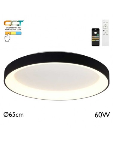 Plafón LED de 65cm de diámetro 60W de metal y acrílico CCT 2700K/4000K/5000K REGULABLE con mando y app
