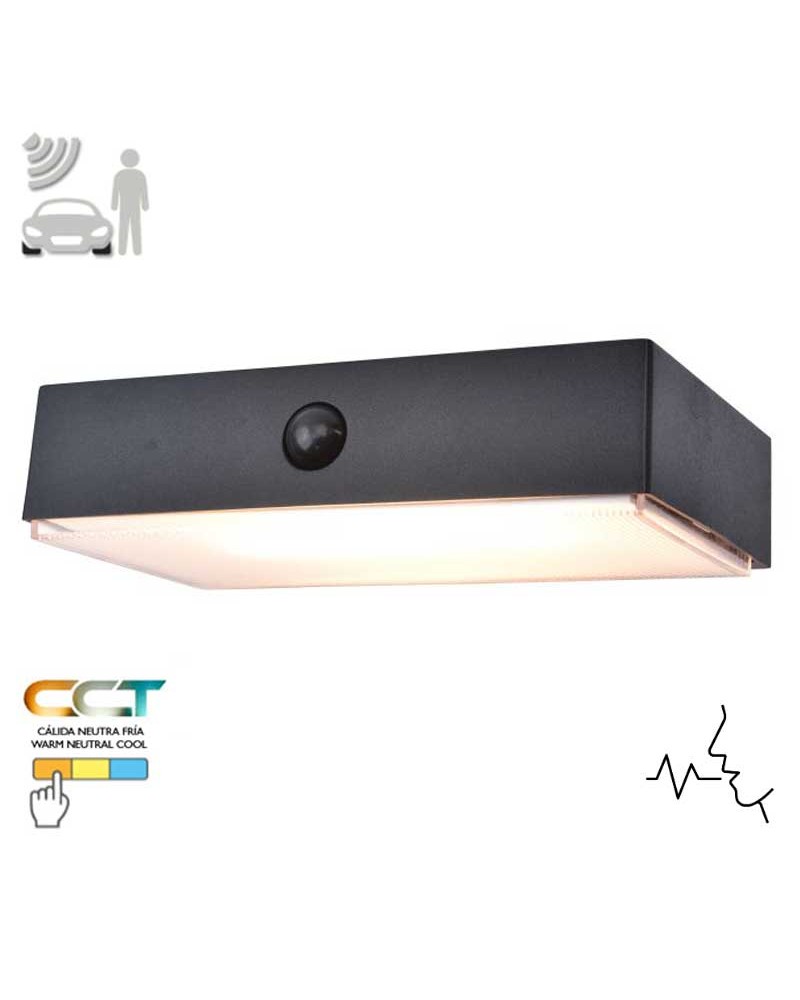 Aplique pared de exterior negro SOLAR 18cm LED 5W IP54 sensor movimiento control voz CCT 2700K-6500K