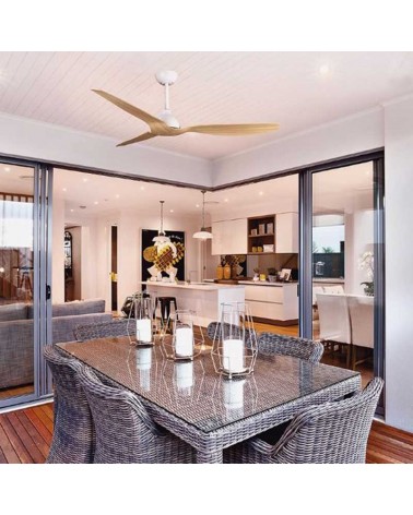 Ceiling fan without light white and wood 3 blades Ø132cm programmable with 6 speeds