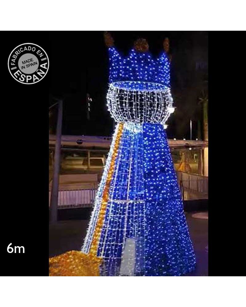Figura Navideña Rey Melchor luz cálida, blanco y azul 6 metros de alto con tapiz apto para exterior 24V