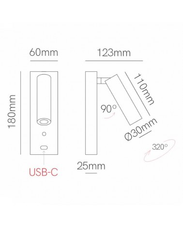 White finish wall light LED 4W Aluminum mobile charger USB C 2700K