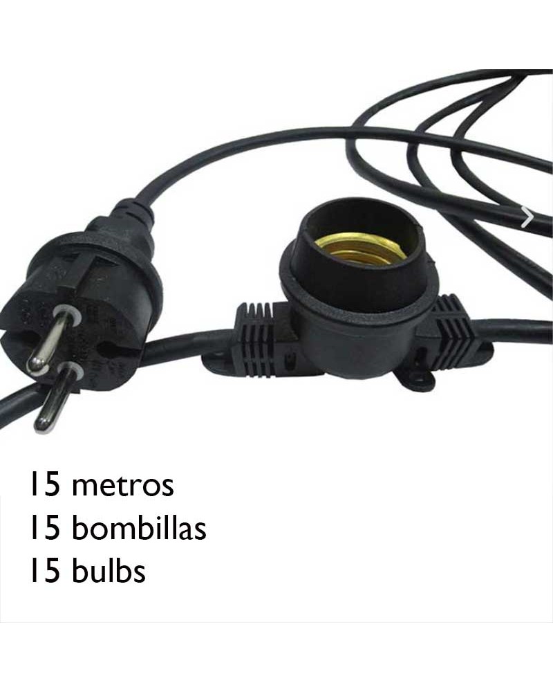 Festoon light of 15 E27 lamp holders 15 meters for outdoor use IP44