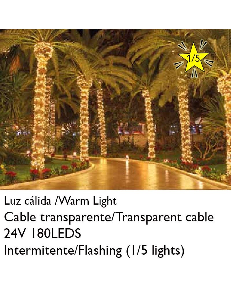 12m 24V Flash Garland 5-1 180 LEDs transparent cable connectable IP65