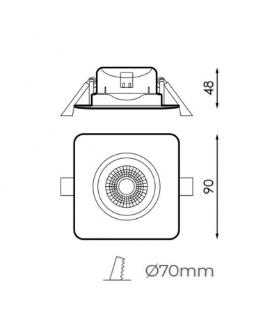 Square downlight with white frame, recessed LED, 7W, 9x9cm, dimmable TRIAC