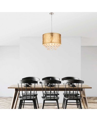 Classic 40cm E27 60W ceiling lamp, gold color with plastic teardrops hanging from the inside of the lampshade