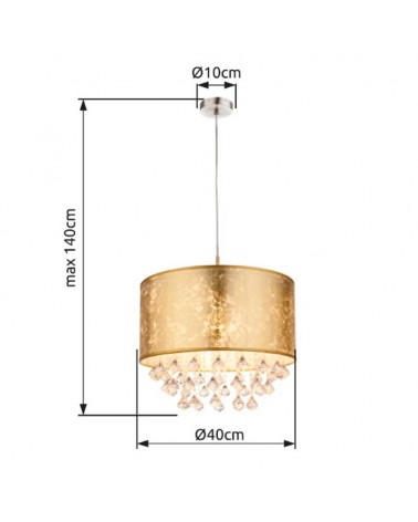Classic 40cm E27 60W ceiling lamp, gold color with plastic teardrops hanging from the inside of the lampshade