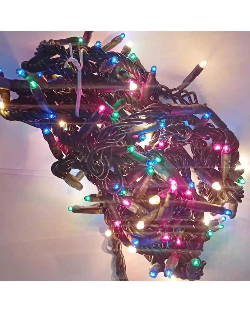 5m IP55 Incandescent Christmas light string with 160 colored lights, 96W, green cable, and 8 programs, IP20