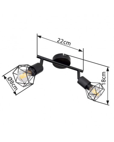 Regleta de techo vintage industrial con 2 focos oscilantes acabado portalamparas negro y base negra mate 2xE14 40W