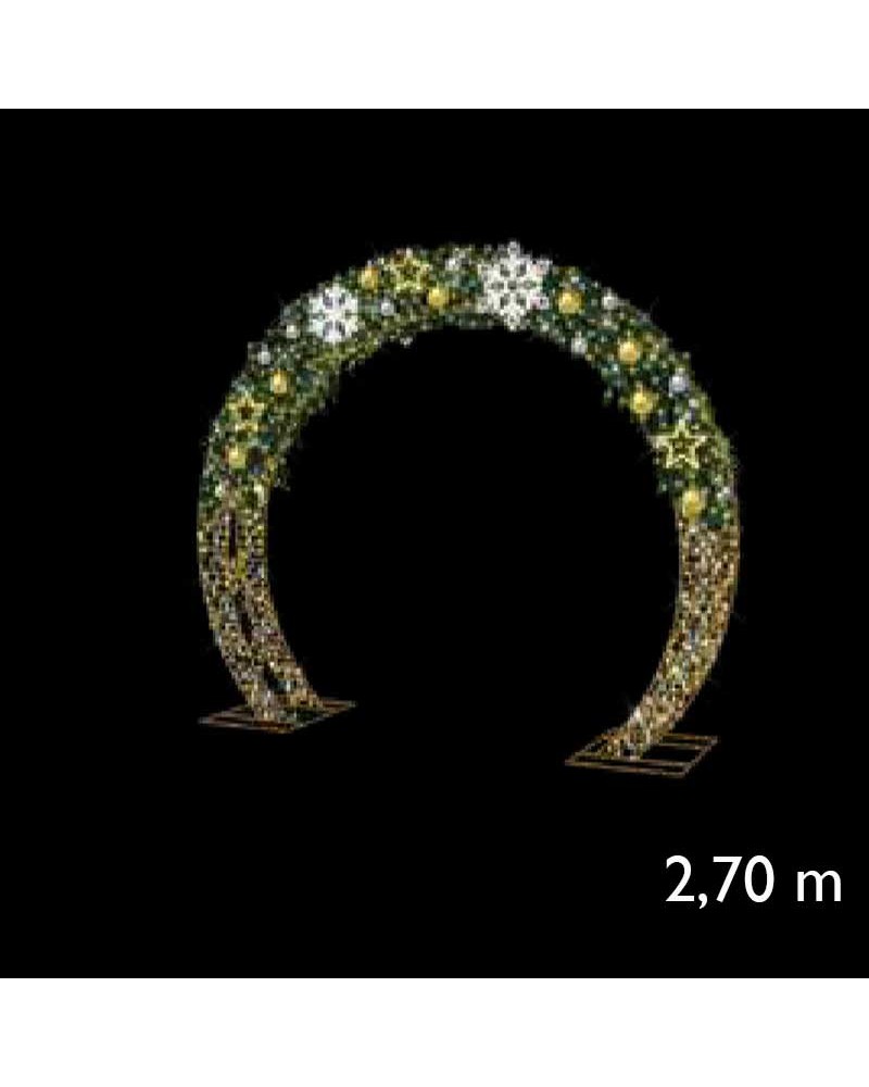 Arco luminoso redondo copos de nieve y bolas de navidad 3D 2,70m 24V en colores cálidos luces LED intermitente