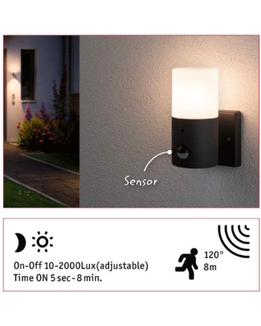 E27 outdoor wall light with motion sensor in grey metal mate